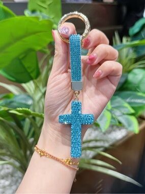 Turquoise Crystal Cross Keychain Key & Card Holder